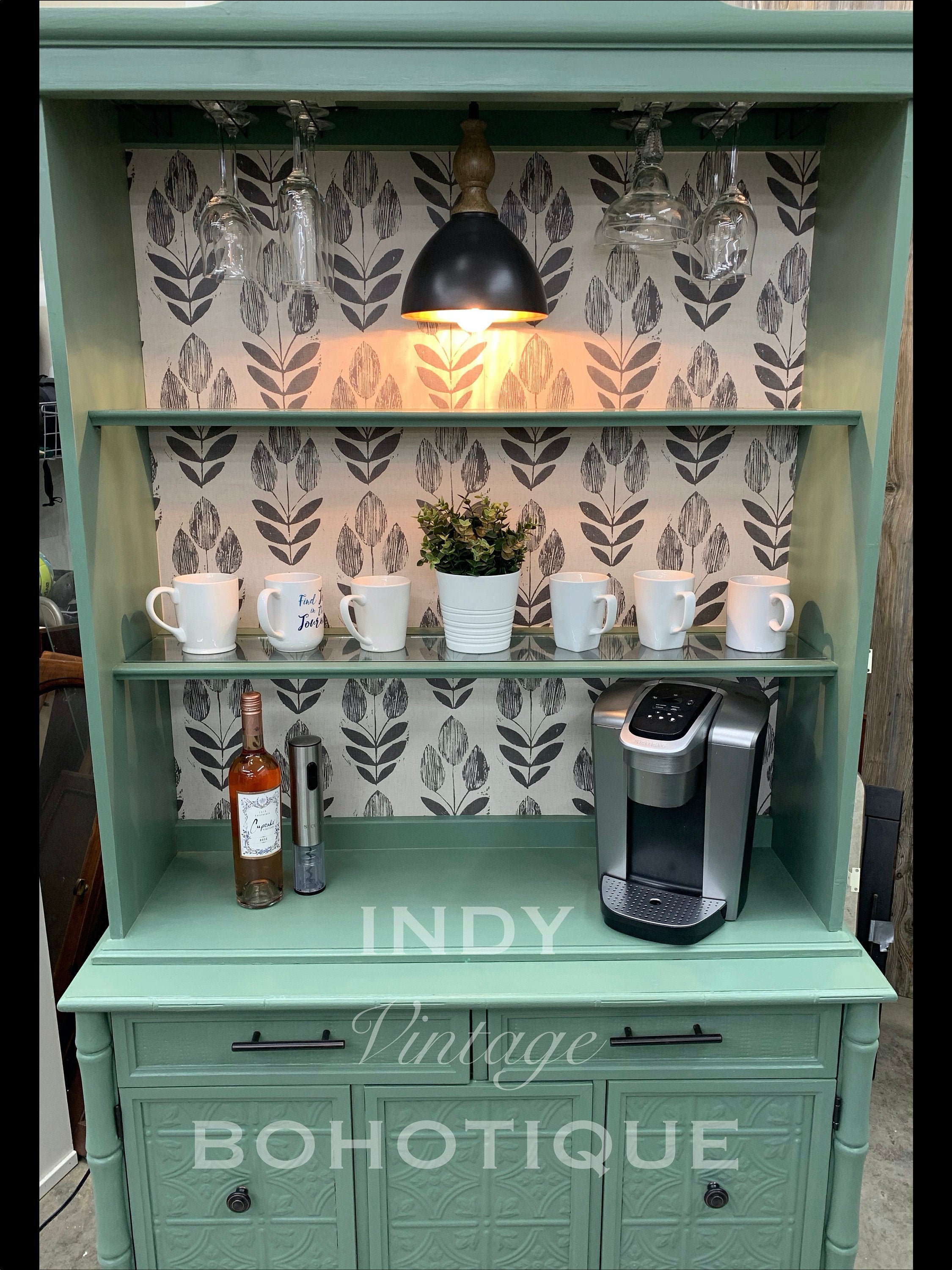 SOLD Custom Modern Light Green Hutch Coffee wine Bar Beverage Bar