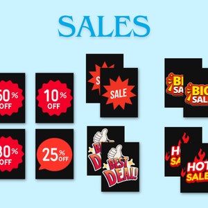 May include: A collection of nine black and red sale signs with various discount percentages and phrases like "50% OFF", "10% OFF", "BIG SALE", "BEST DEAL!" and "HOT SALE".