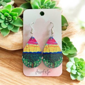 Handmade Alaska Boots Earrings – Teardrop Dangle Wildflower Jewelry, Scenic Nature Landscape Gift for Her, Lightweight Art for Nature Lovers