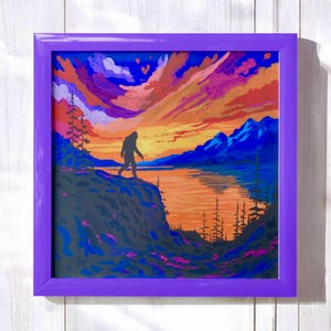 Alaska Bigfoot Art Print – Vibrant Sasquatch Sunset Landscape, Cryptid Wall Decor, Unframed Mountain and Lake Scene