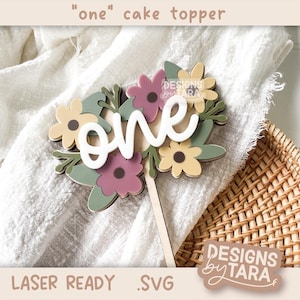 Topo de bolo SVG a laser, topo de bolo floral para primeiro aniversário de uma menina, arquivo glowforge, arquivos svg cortados a laser, arquivo svg a laser, pronto para laser
