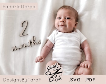 May include: A baby lying on a white blanket with a wooden sign that says "2 months" in a hand-lettered style. The sign is made for crafting and is ready to cut. The image also includes the text "DesignsByTaraF .SVG .PDF"
