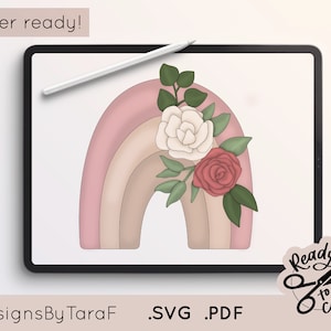 SVG floral arc-en-ciel pépinière pépinière filles arc en plein cintre botanique floral - glowforge, scie à chantourner laser fichier découpé, prêt pour le laser