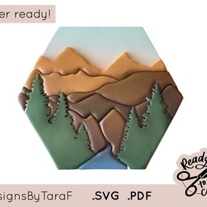 SVG enkelregelig bestand bossen zeshoek bergen rivier buiten steun - kwekerij teken glowforge teken, SVG, gesneden bestand, figuurzaag, laser klaar