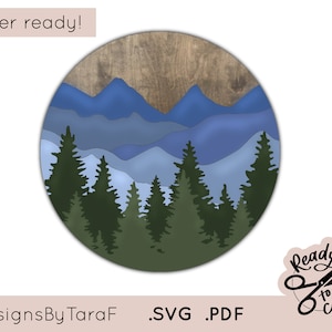 File SVG a riga singola, cartello rotondo per esterni, montagne e boschi, cartello per vivaio Glowforge, SVG, file di taglio commerciale, download, pronto per il laser