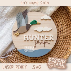 Ente Namensschild SVG | Jagd Ente Baby Name Plaque Schild für Laser | Junge Kinderzimmer Dekor | Glowforge xTool Digitale Datei