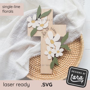 SVG floral cross leafy botanical easter tag, religious, he is risen - Easter Basket  easter sign - glowforge, laser ready, single line file