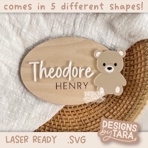 Annonce de nom de bébé ours en peluche laser SVG, annonce de nom de l'hôpital, fichier glowforge, fichiers découpés au laser, laser svg, prêt pour le laser