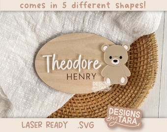 SVG laser teddy bear baby name announcement hospital name announcement glowforge file, laser cut files svg laser, laser ready