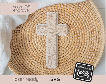 SVG Laser floral cross leafy botanical easter tag, religious  - score - engrave - Easter Basket - happy easter sign - glowforge, laser ready