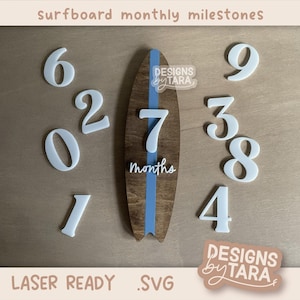 Tabla de surf SVG para niños y niñas, hito mensual, playa, costa: archivo glowforge, archivos cortados con láser, svg glowforge, archivo láser, archivo svg, listo para láser