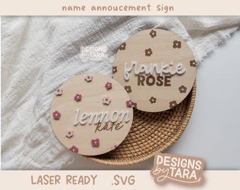 Floral Baby Name Announcement SVG | Laser Cut File for Newborn Sign | Glowforge-Ready Digital Download Laser Ready