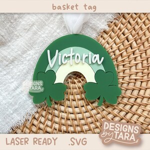 Etiqueta de nome de cesta de trevo arco-íris SVG do Dia de São Patrício - etiqueta de nome de cesta de São Patrício, arquivo de corte a laser - pronto para laser, gravação a laser - glowforge
