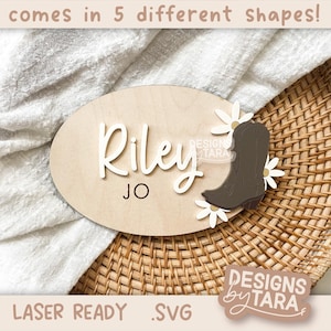 Archivo SVG de anuncio de nombre de niña con botas vaqueras con láser, anuncio de nombre de hospital, archivo glowforge, archivos cortados con láser, archivo svg con láser, listo para láser