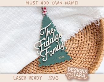 Ornement de Noël familial SVG | Fichier d'étiquette de nom de vacances découpé au laser | Fichier numérique Glowforge xTool DIY Gift 2025