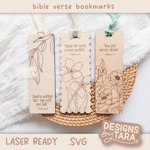 May include: Four laser-cut wooden bookmarks with floral designs and bible verses. The bookmarks feature the following verses: "God is within her, she will not fall." (Psalm 46:5), "Made for such a time as this." (Esther 4:14), "You are never alone." (Joshua 1:9), and a floral design.