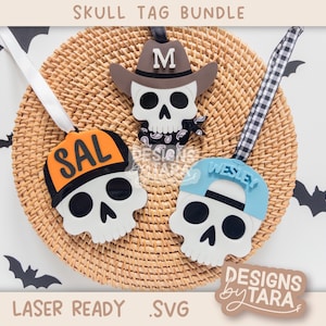 バンドル スカルハット ネームタグ SVG | ハロウィン バスケットタグ デジタルファイル レーザー用 | Glowforge xTool キッズ ブー バスケット デコレーション ギフト