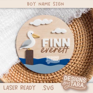 Pelikan Namensschild SVG | Coastal Ocean Baby Name Plaque Schild für Laser | Junge Kinderzimmer Dekor | Glowforge xTool Digitale Datei