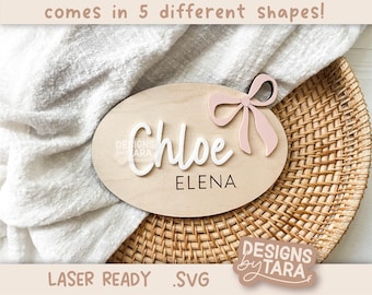 Archivo SVG de moño para anuncio de nombre de bebé niña con láser, moño para anuncio de nombre de hospital, archivo glowforge, archivos cortados con láser, archivo svg láser, listo para láser