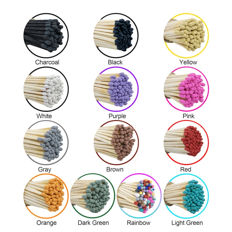 May include: Assortment of 12 colors of matchsticks with wooden sticks and colored tips. Colors include charcoal, black, yellow, white, purple, pink, gray, brown, red, orange, dark green, light green, and rainbow.