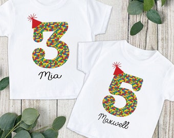 Lego themed Birthday T shirts. Personalised Birthday Gift. 1st,2nd,3rd Birthday. Customisable Number Lego Birthday Shirt.