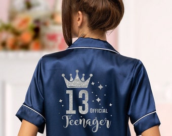13th Birthday Pyjamas. Personalised Teenager 13th Birthday pjs. Thirteenth Birthday pyjamas. Satin pjs, 13th Birthday,Satin pyjamas.