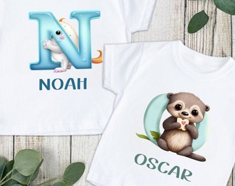Personalised Initial Tshirt with childs name on. Childrens Name Tshirt. Cute character top. Personalised t shirts. Custom tops.