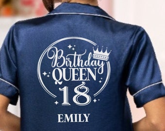 18th Birthday gifts for her. Birthday Queen Pjs, short set. Custom women's pyjamas present.