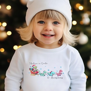 Dinosaur Christmas Sweatshirt for Children. Personalised jumper Xmas 2024. Christmas Sweatshirts. Christmas eve box. Child&#39;s Christmas Gift.