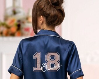 18th Birthday Pyjamas. Personalised 18th Birthday pjs. Eighteenth Birthday pyjamas. Satin pjs, 18th Birthday, Ladies birthday gift.