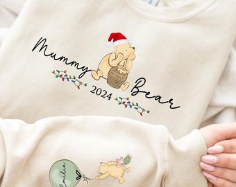 Christmas 2025 Mummy Bear Sweatshirt. Personalised Mum Sweatshirt with children's names. Winnie the Pooh Sweatshirt  gift for Mum.
