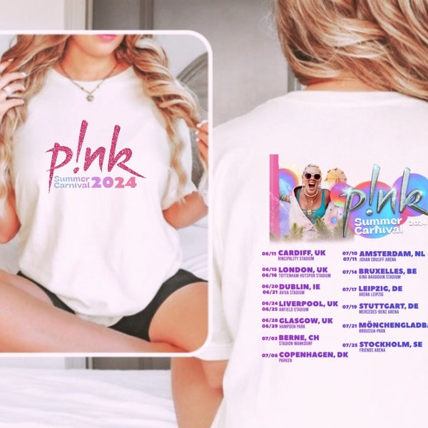 Personalised Pink Tour Tshirt. Concert t shirt for the Summer Carnival tour 2024. Summer Carnival 2024.Concert P!nk T-shirt. Trustfall album