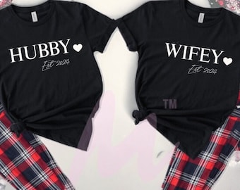 Hubby & Wifey Pyjamas. His and Hers matching pjs. Personalised Hubby and Wifey Pajamas. Checked Pyjamas