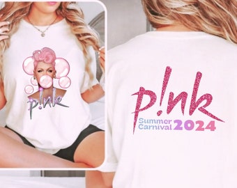 T-shirt Tour rose. T-shirt de concert pour la tournée du Carnaval d'été 2024. Carnaval d'été 2024. T-shirt de concert personnalisé P!nk. Album Trustfall