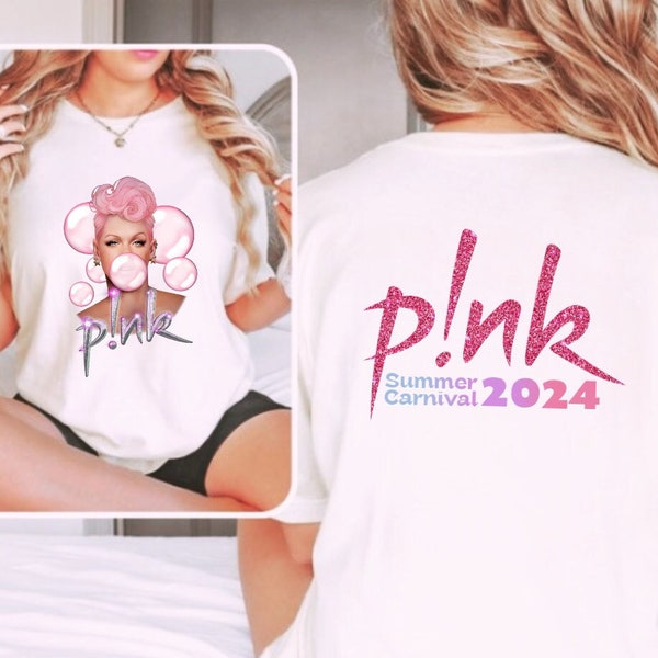 Roze Tour-T-shirt. Concert-t-shirt voor de Zomercarnavaltour 2024. Zomercarnaval 2024. Gepersonaliseerd Concert P!nk-T-shirt. Trustfall-album
