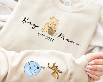 Personalised Boy Mama Sweatshirt With Name On Sleeve, Mum of Boys Sweatshirt. Winnie the Pooh top,  gift for Mum. Personalised Mama Jumper.