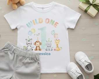 Personalised children's 1st birthday t shirt. Safari, jungle, wild one 1st birthday tshirt for children. First birthday top for boy or girl.