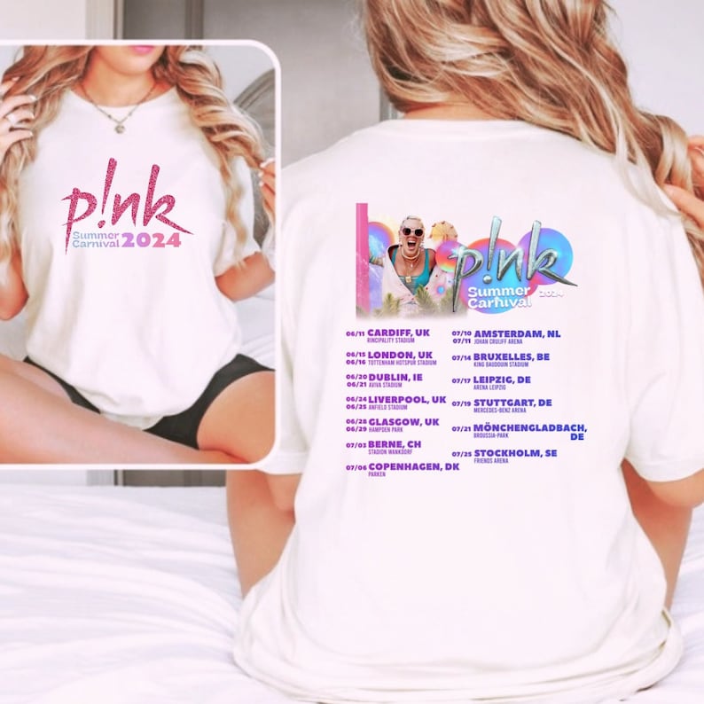 Personalised Pink Tour Tshirt. Concert t shirt for the Summer Carnival tour 2024. Summer Carnival 2024.Concert Pnk T-shirt. Trustfall album image 1