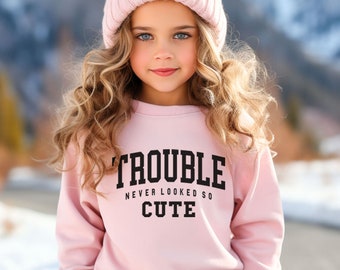 Children's Trouble never looked so cute Sweatshirt. Personalised children's Jumper Cute Kids top for child.