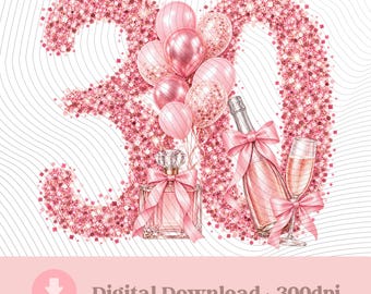 Pink Glitter 30th Birthday Numbers PNG, Women's 30th Birthday Card Design, Instant Digital Download