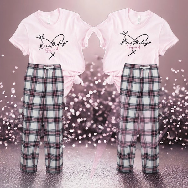 Birthday Squad Pyjamas. Personalised Birthday Pyjamas. Ladies pjs. Personalised gift for the Birthday. Checked Pyjamas.