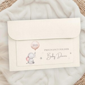 May include: Cream-colored pregnancy folder with a flap closure. Features a watercolor illustration of a baby elephant holding a pink balloon with "2025" on it. Text reads "PREGNANCY FOLDER" and "Baby Davies".