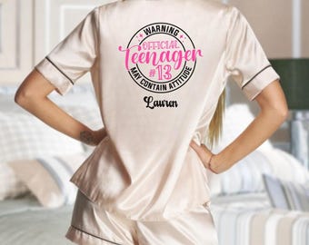 Personalised 13th Birthday Pyjamas. Teenager 13th Birthday pjs. Thirteenth Birthday pyjamas. Satin pjs, 13th Birthday, Satin pyjamas.