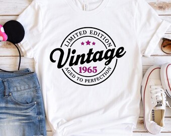 1965 Vintage birthday t shirt. Personalised 60th Birthday gift for women, best friend, wife, daughter. Sixtieth birthday outfit.
