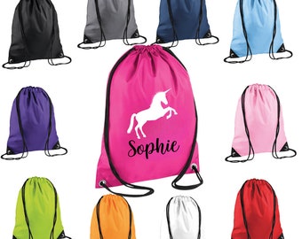 Personalisierte Einhorn Kordelzugbeutel. Benannt zurück in die Schule Kordelzug Rucksack Bag.PE Tasche Schwimmtasche Sporttasche Afterschool Club Bag