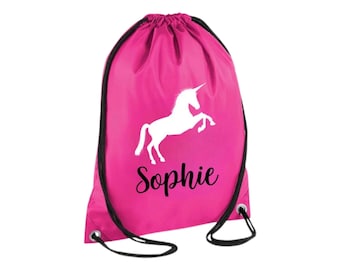 Personalised Unicorn Drawstring bag. Named Back to School Drawstring Rucksack Bag.PE Bag Swimming Bag Gym Bag Afterschool Club Bag