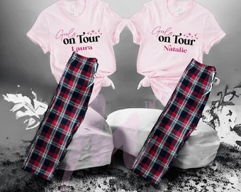 Personalised Ladies on tour pyjamas. Ladies Pyjamas for weekend Trips, Holidays, ladies gift. Checked Pjs.