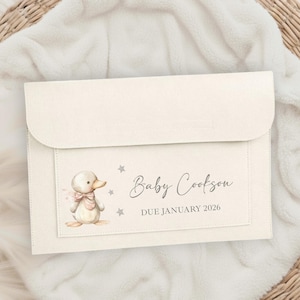 Può includere: Biglietto di annuncio nascita color crema con chiusura a patta. Il biglietto presenta un'illustrazione ad acquerello di un'anatra con un fiocco rosa. Il testo sul biglietto recita "Baby Coolson" e "DUE JANUARY 2026".