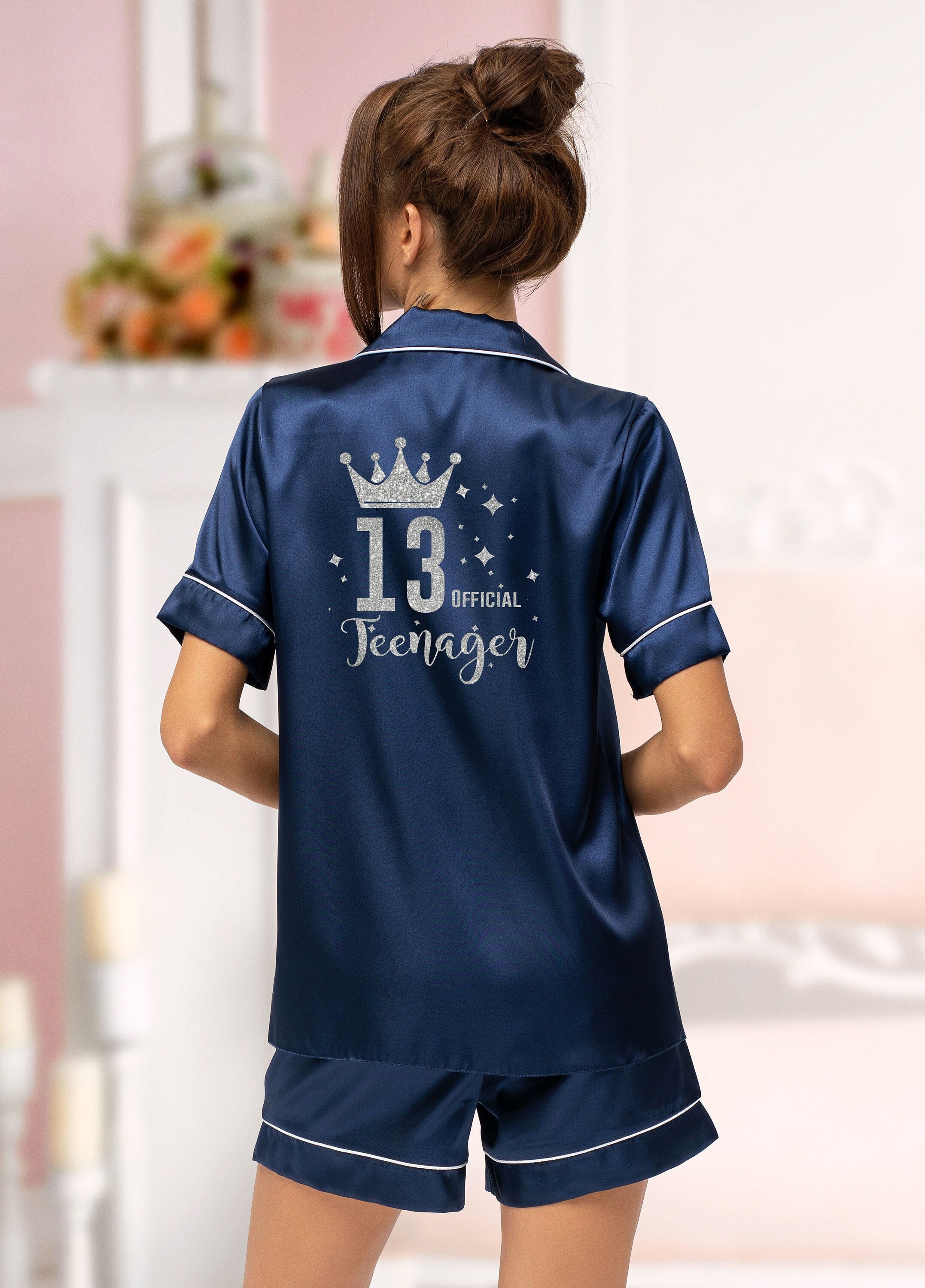 13th Birthday Pyjamas. Personalised Teenager 13th Birthday pjs. Thirteenth Birthday pyjamas. Satin pjs 13th Birthday Satin pyjamas