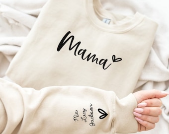 Personalised Mama Sweatshirt and heart with children's names on the sleeve, Mama top, Mothers Day Gift, Mom sweater. Personalised gift.